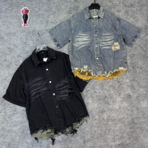 Urban Rebel Distressed Denim Shirt with Camouflage Layer